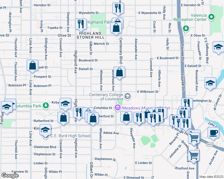 map of restaurants, bars, coffee shops, grocery stores, and more near 259 Wilkinson Street in Shreveport