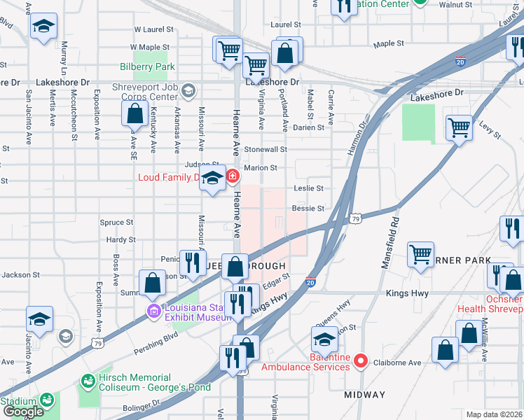 map of restaurants, bars, coffee shops, grocery stores, and more near 2715 Albert L Bicknell Drive in Shreveport