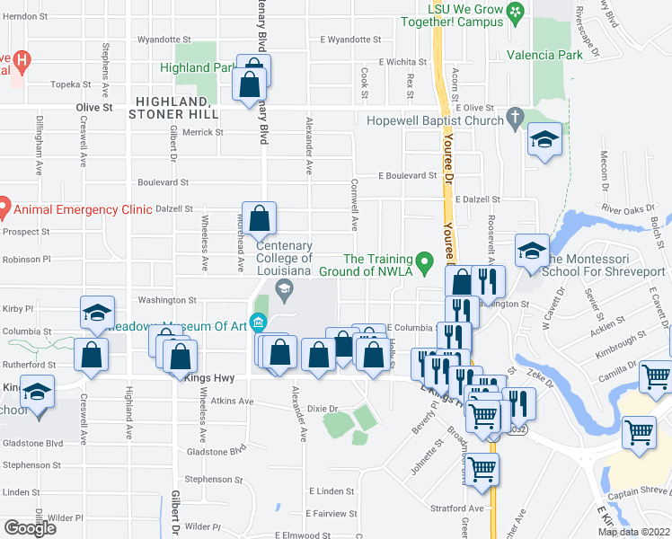 map of restaurants, bars, coffee shops, grocery stores, and more near 128 East Wilkinson Street in Shreveport