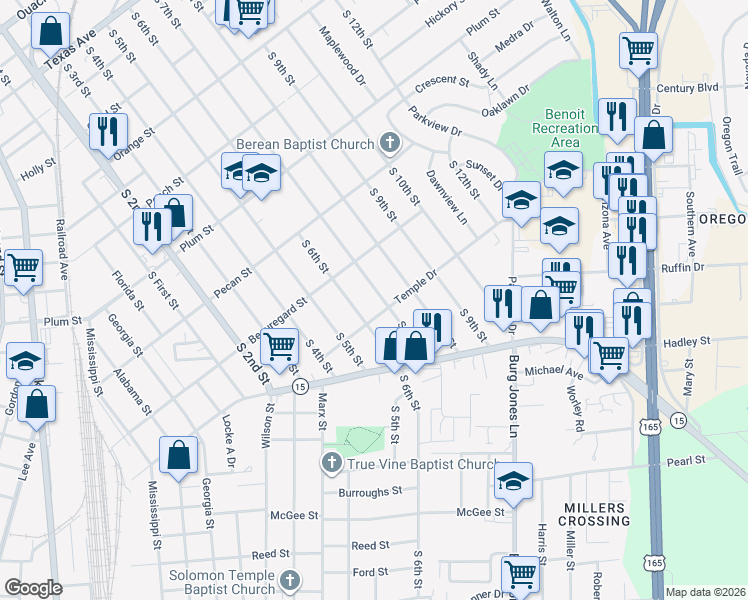 map of restaurants, bars, coffee shops, grocery stores, and more near 1623 South 6th Street in Monroe