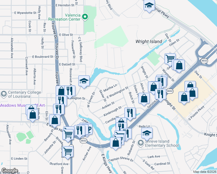 map of restaurants, bars, coffee shops, grocery stores, and more near 818 Martha Lane in Shreveport