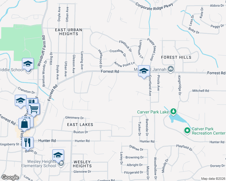 map of restaurants, bars, coffee shops, grocery stores, and more near 2655 Honeysuckle Drive in Columbus
