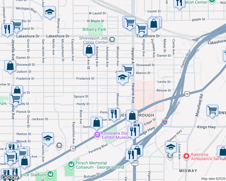 map of restaurants, bars, coffee shops, grocery stores, and more near 2813 Milton Street in Shreveport