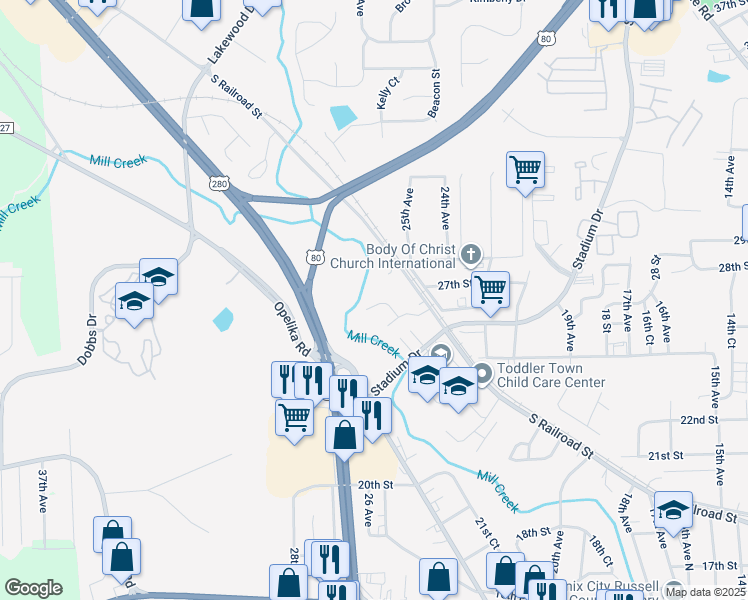 map of restaurants, bars, coffee shops, grocery stores, and more near 2506 Tillery Lane in Phenix City