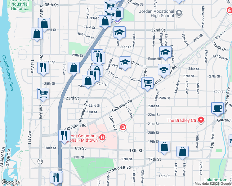 map of restaurants, bars, coffee shops, grocery stores, and more near 2321 Olive Street in Columbus