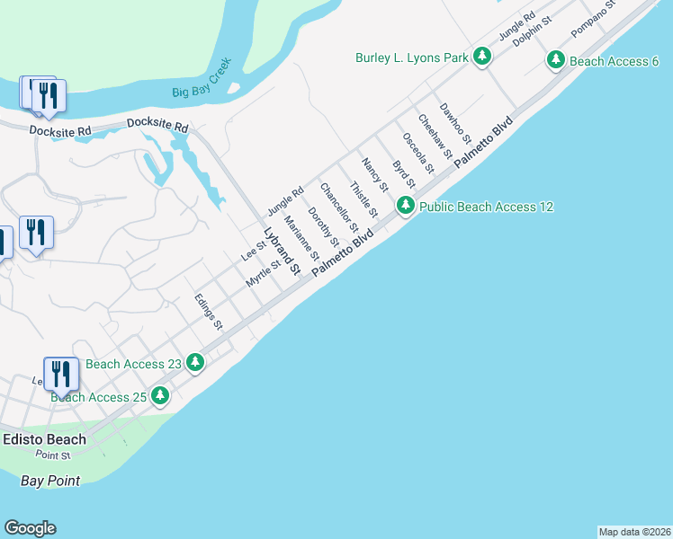 map of restaurants, bars, coffee shops, grocery stores, and more near 1508 Palmetto Boulevard in Edisto Island