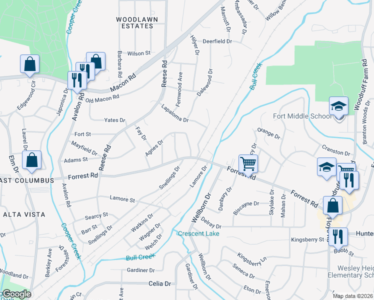 map of restaurants, bars, coffee shops, grocery stores, and more near 4618 Forrest Road in Columbus