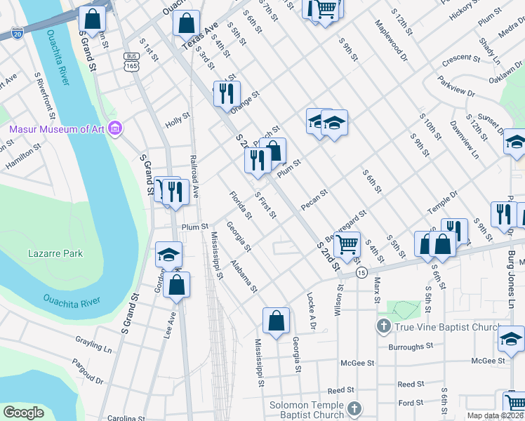 map of restaurants, bars, coffee shops, grocery stores, and more near 1303 Florida Street in Monroe