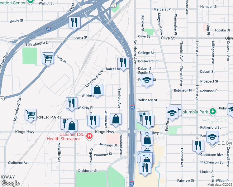 map of restaurants, bars, coffee shops, grocery stores, and more near 1312 Wilkinson Street in Shreveport