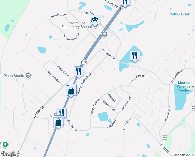 map of restaurants, bars, coffee shops, grocery stores, and more near 108 Old Hickory Lane in Joshua