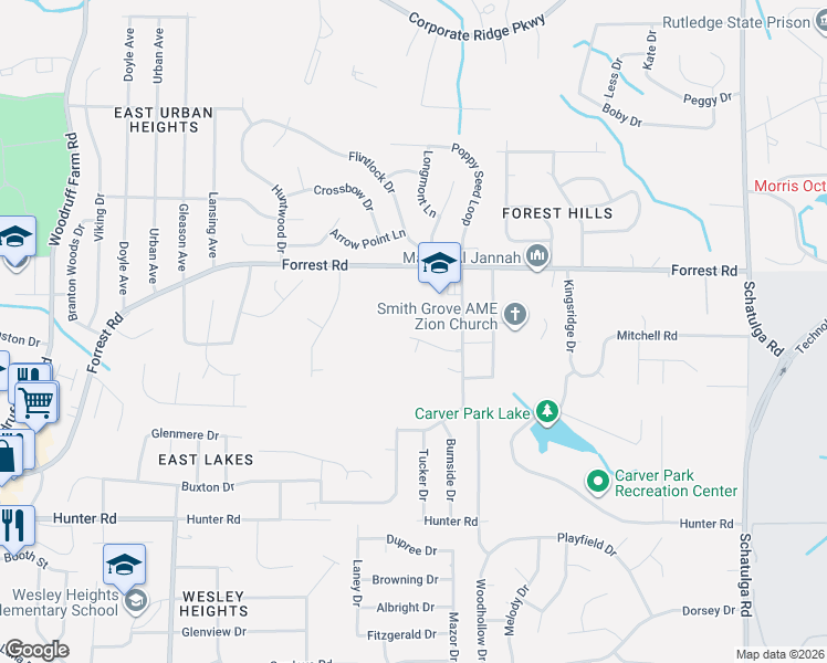 map of restaurants, bars, coffee shops, grocery stores, and more near 6400 Forrest Road in Columbus