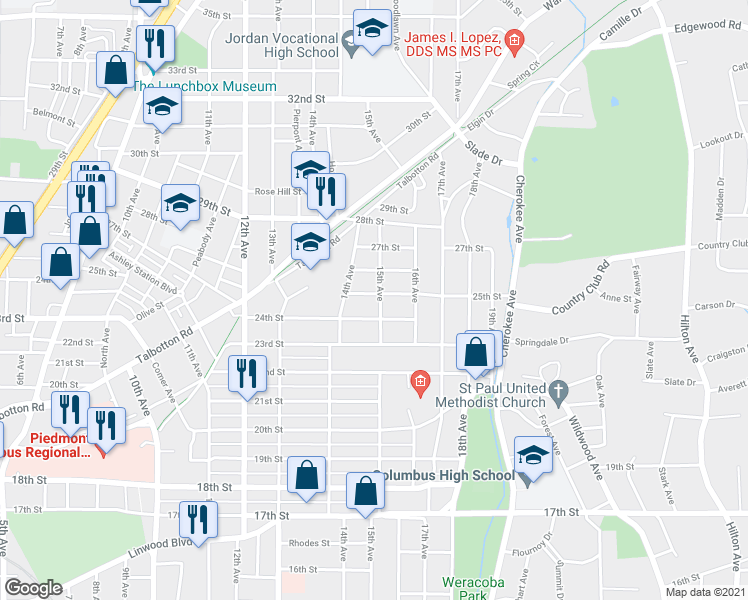map of restaurants, bars, coffee shops, grocery stores, and more near 1428 25th Street in Columbus