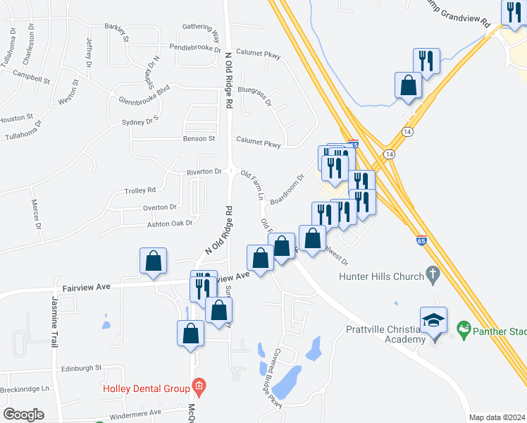 map of restaurants, bars, coffee shops, grocery stores, and more near Old Farm Lane in Prattville