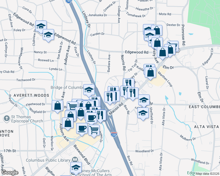 map of restaurants, bars, coffee shops, grocery stores, and more near 2525 Norris Road in Columbus