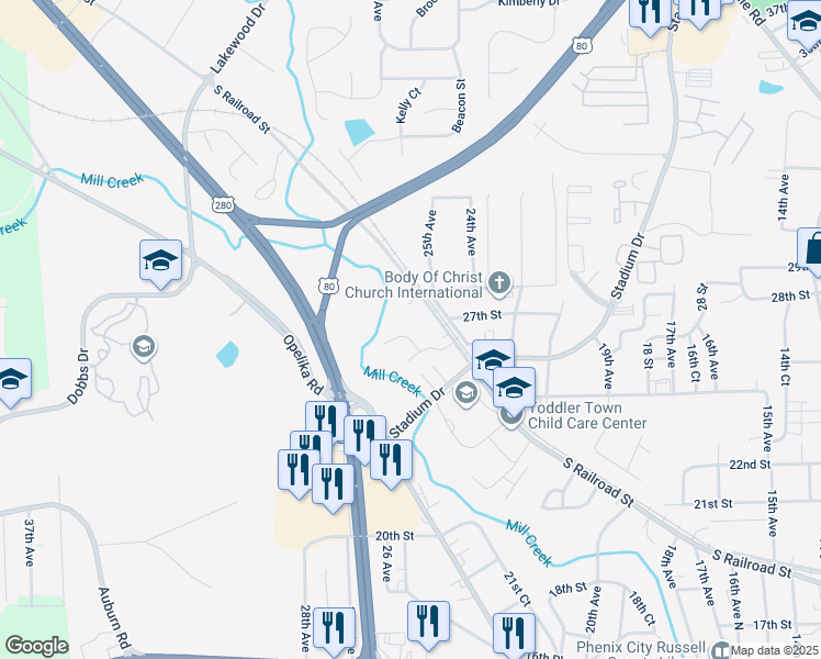 map of restaurants, bars, coffee shops, grocery stores, and more near 2711 South Railroad Street in Phenix City
