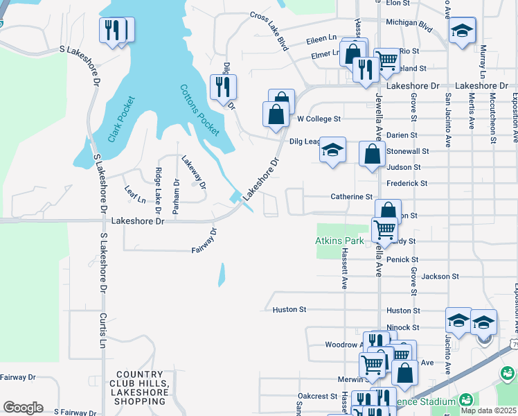 map of restaurants, bars, coffee shops, grocery stores, and more near 4223-308 Lakeshore Drive in Shreveport