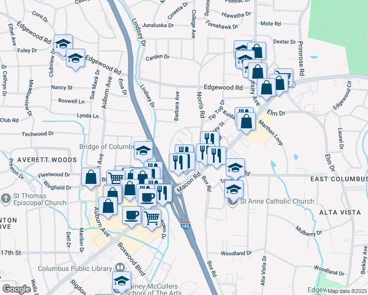 map of restaurants, bars, coffee shops, grocery stores, and more near 2525 Norris Road in Columbus