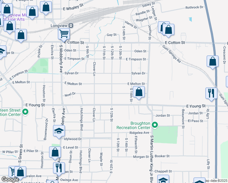 map of restaurants, bars, coffee shops, grocery stores, and more near 801 Noel Drive in Longview