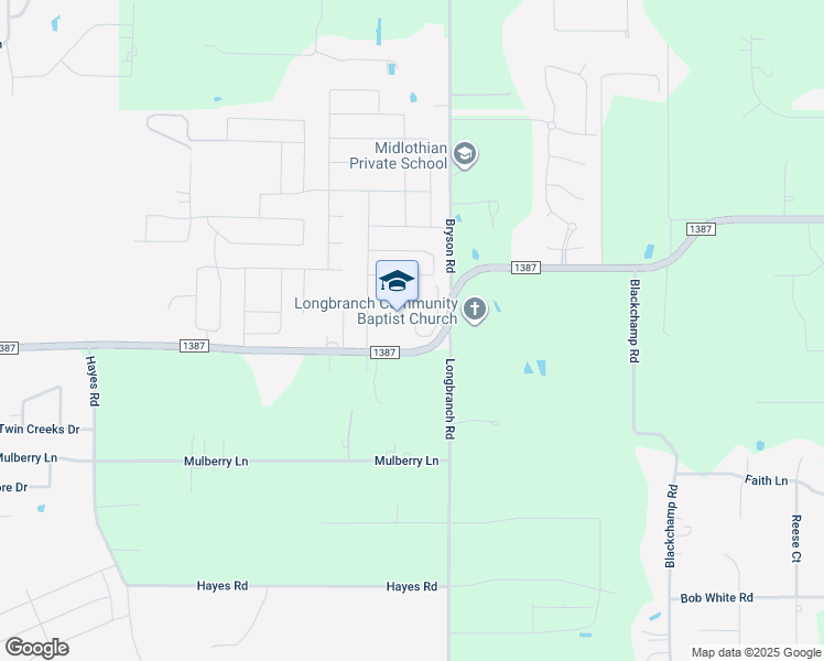 map of restaurants, bars, coffee shops, grocery stores, and more near 6631 Farm to Market Road 1387 in Midlothian
