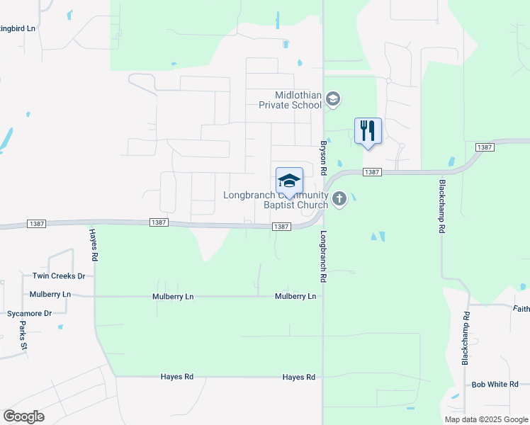 map of restaurants, bars, coffee shops, grocery stores, and more near 521 Branchwood Drive in Midlothian