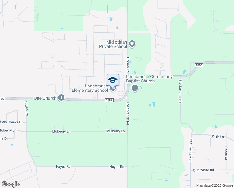 map of restaurants, bars, coffee shops, grocery stores, and more near 6631 Farm to Market Road 1387 in Midlothian