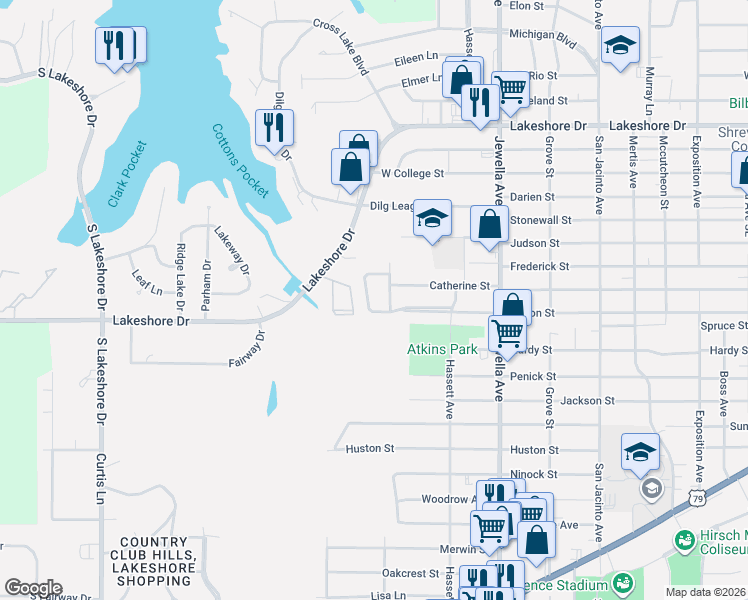 map of restaurants, bars, coffee shops, grocery stores, and more near 3923 Catherine Street in Shreveport