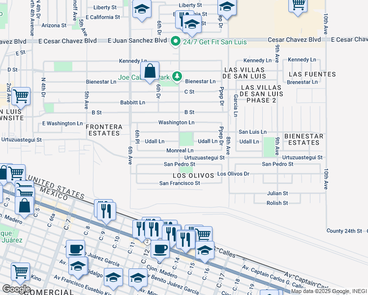 map of restaurants, bars, coffee shops, grocery stores, and more near 7th Avenue in San Luis