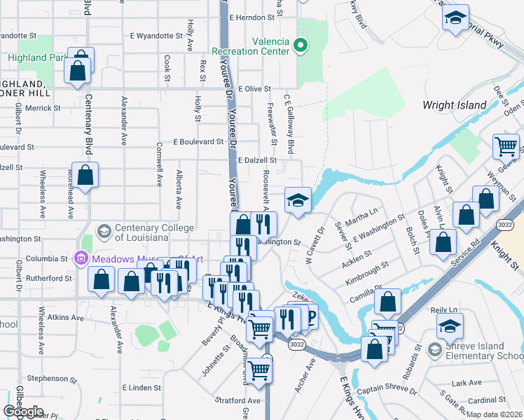 map of restaurants, bars, coffee shops, grocery stores, and more near 2602 Roosevelt Avenue in Shreveport