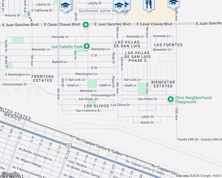 map of restaurants, bars, coffee shops, grocery stores, and more near 9550-9638 Udall Ln in San Luis