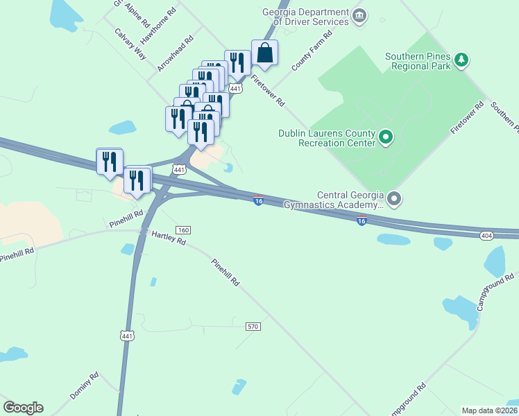 map of restaurants, bars, coffee shops, grocery stores, and more near Jim Gillis Historic Savannah Parkway in Dublin