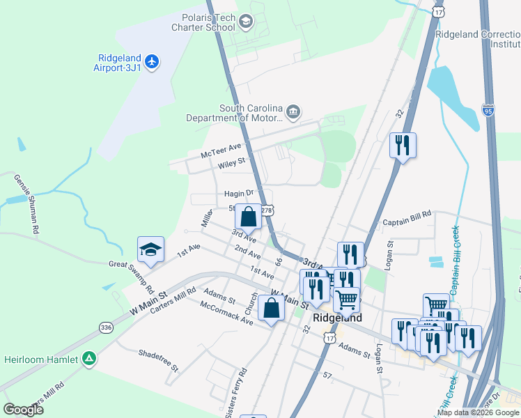 map of restaurants, bars, coffee shops, grocery stores, and more near 275 Grays Highway in Ridgeland