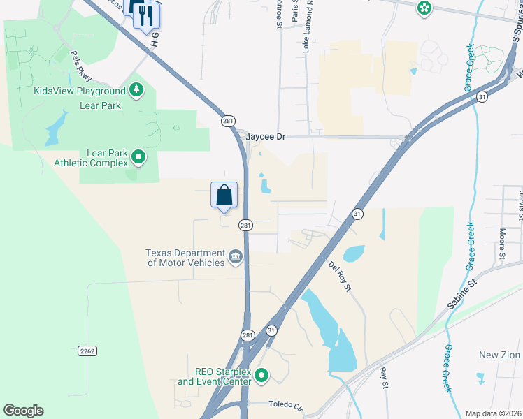 map of restaurants, bars, coffee shops, grocery stores, and more near 4514 West Loop 281 in Longview
