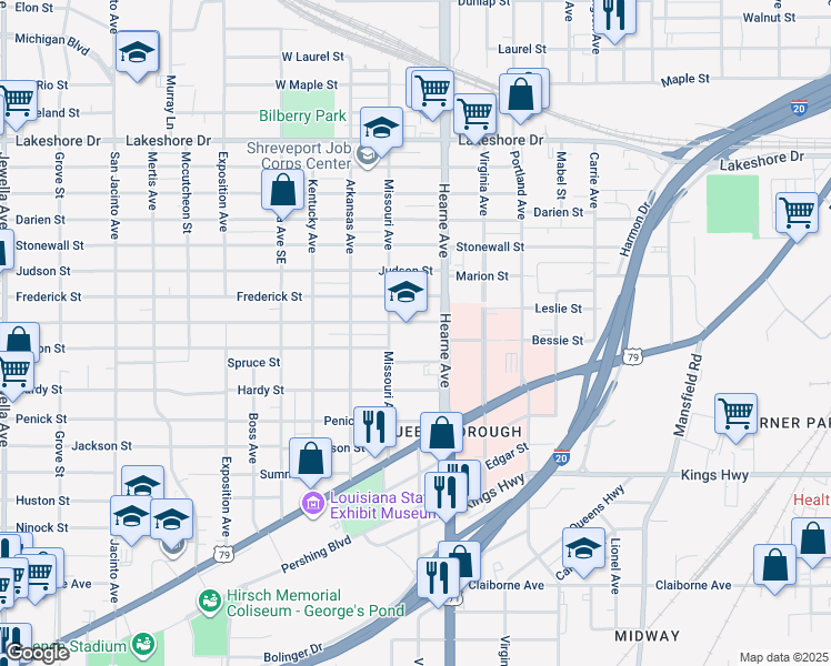 map of restaurants, bars, coffee shops, grocery stores, and more near 2701 Catherine Street in Shreveport