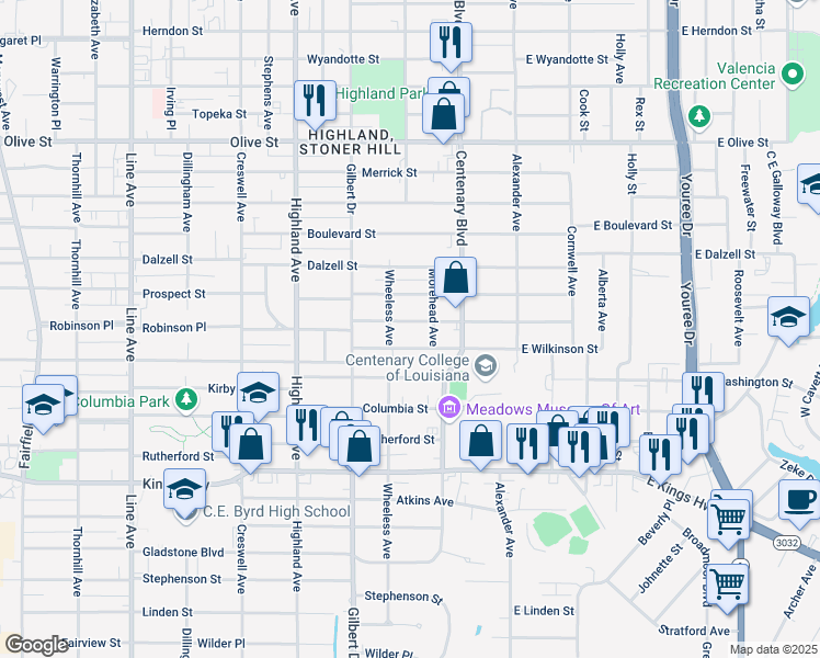 map of restaurants, bars, coffee shops, grocery stores, and more near 256 Robinson Place in Shreveport