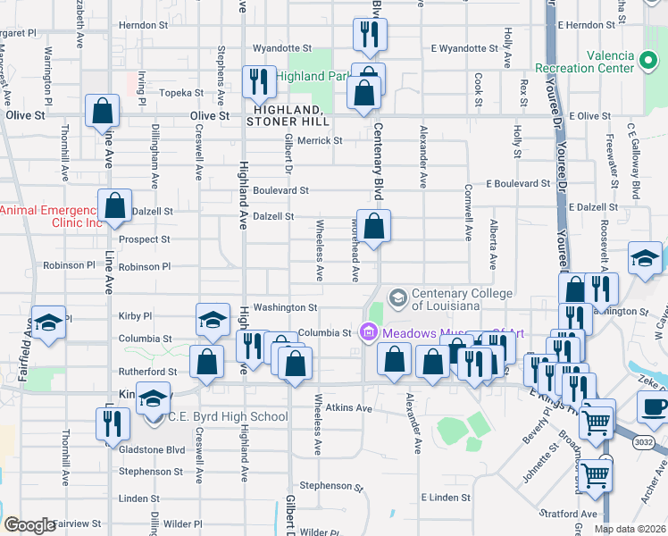 map of restaurants, bars, coffee shops, grocery stores, and more near 256 Robinson Place in Shreveport