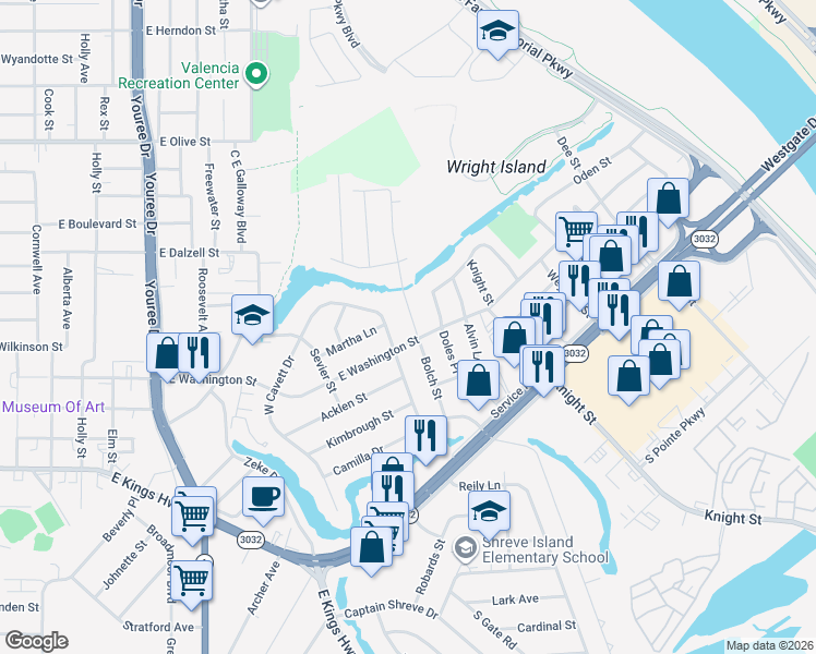 map of restaurants, bars, coffee shops, grocery stores, and more near 2726 Bolch Street in Shreveport