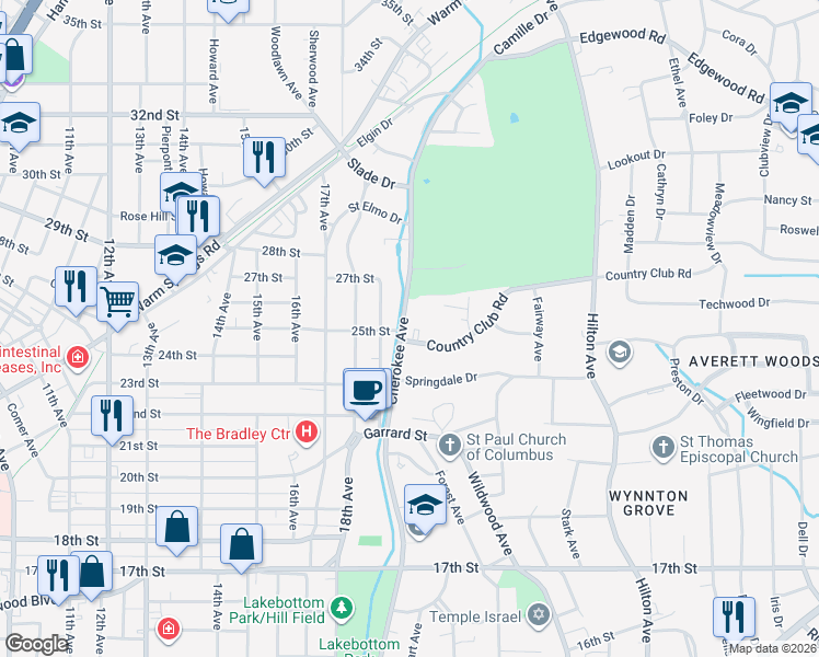 map of restaurants, bars, coffee shops, grocery stores, and more near 2601 Cherokee Avenue in Columbus