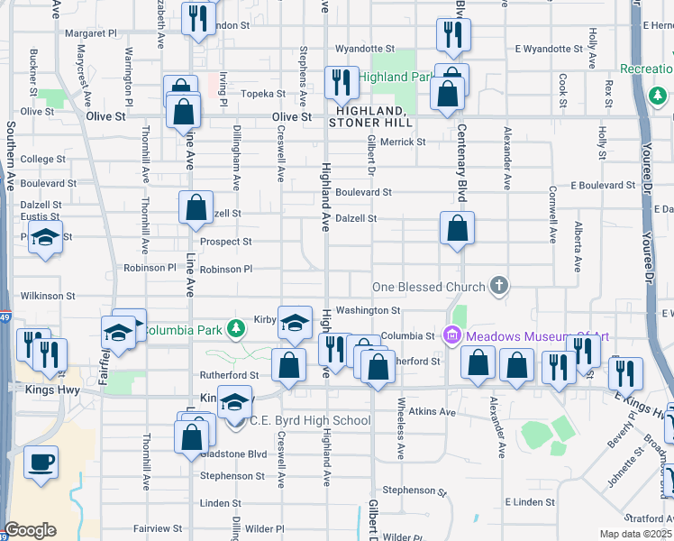 map of restaurants, bars, coffee shops, grocery stores, and more near 2517 Highland Avenue in Shreveport