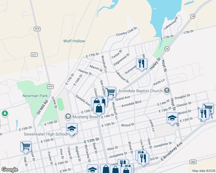 map of restaurants, bars, coffee shops, grocery stores, and more near 1619 Woodruff Lane in Sweetwater