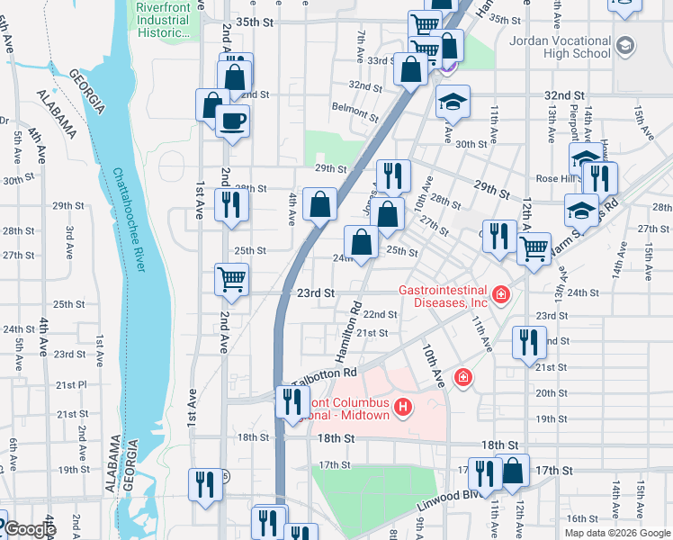 map of restaurants, bars, coffee shops, grocery stores, and more near 505 24th Street in Columbus