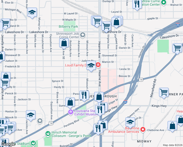 map of restaurants, bars, coffee shops, grocery stores, and more near 2701 Catherine Street in Shreveport