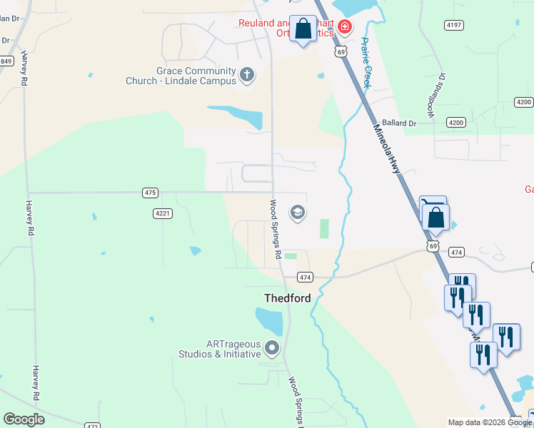 map of restaurants, bars, coffee shops, grocery stores, and more near 14505 County Road 475 in Lindale