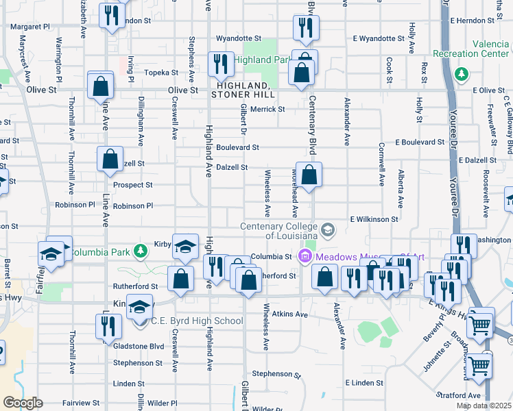 map of restaurants, bars, coffee shops, grocery stores, and more near 319 Robinson Place in Shreveport