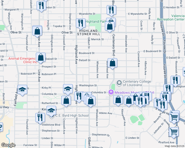 map of restaurants, bars, coffee shops, grocery stores, and more near 331 Robinson Place in Shreveport