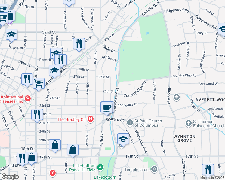 map of restaurants, bars, coffee shops, grocery stores, and more near 2601 Cherokee Avenue in Columbus