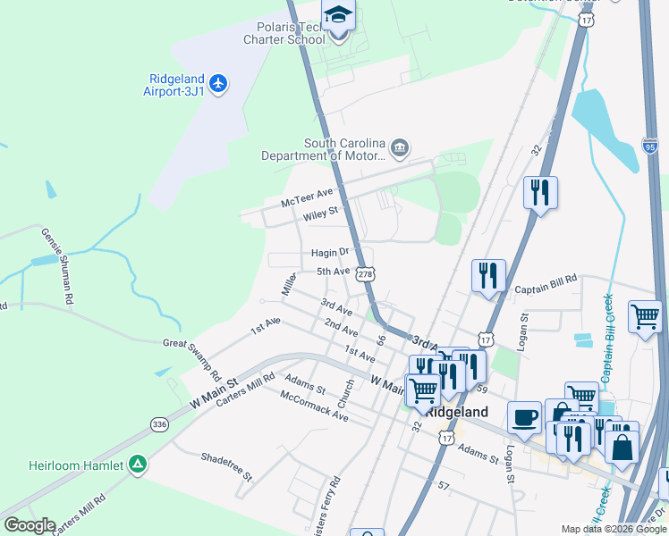 map of restaurants, bars, coffee shops, grocery stores, and more near 502 Hagin Drive in Ridgeland