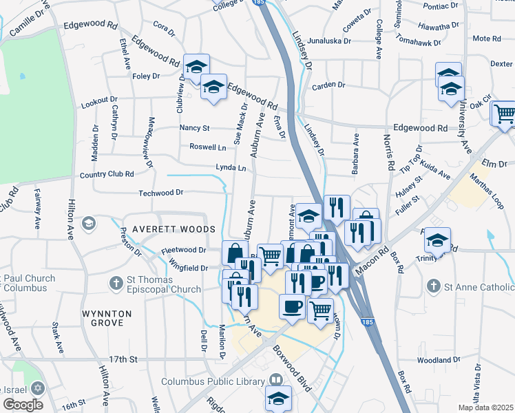 map of restaurants, bars, coffee shops, grocery stores, and more near 2710 Auburn Avenue in Columbus