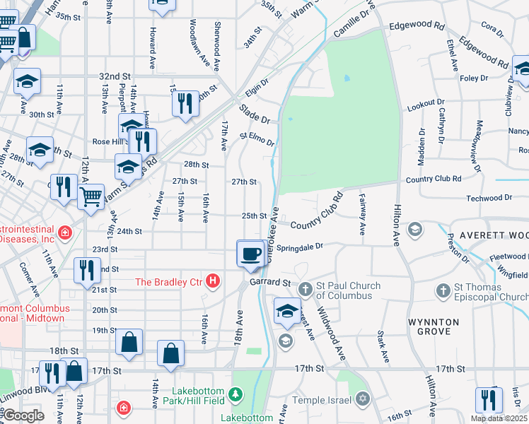 map of restaurants, bars, coffee shops, grocery stores, and more near 2601 Cherokee Avenue in Columbus