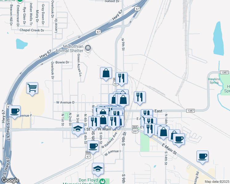 map of restaurants, bars, coffee shops, grocery stores, and more near 511 North 8th Street in Midlothian
