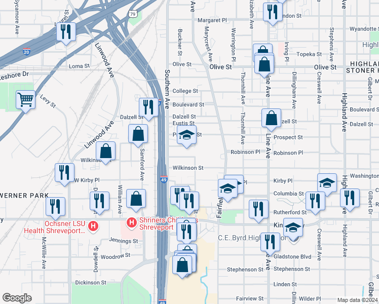 map of restaurants, bars, coffee shops, grocery stores, and more near 2600 Barret Street in Shreveport